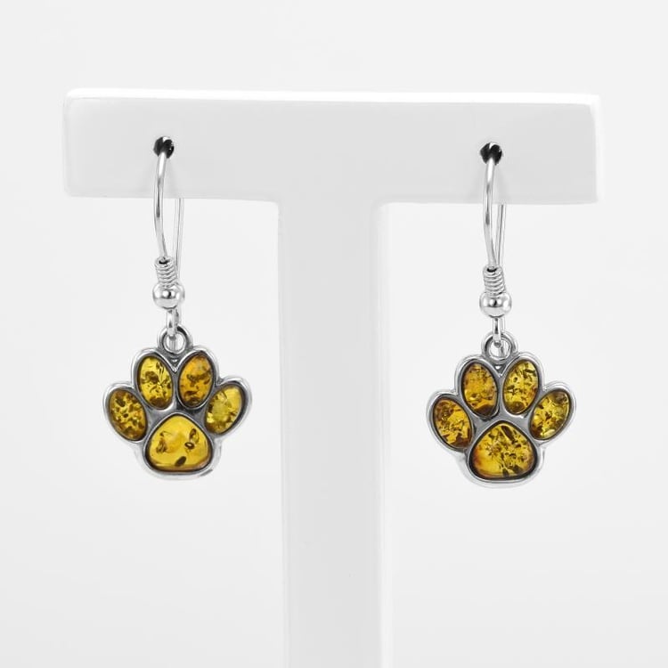 Visiace strieborné náušnice s jantárovými labkami Agapi 52056