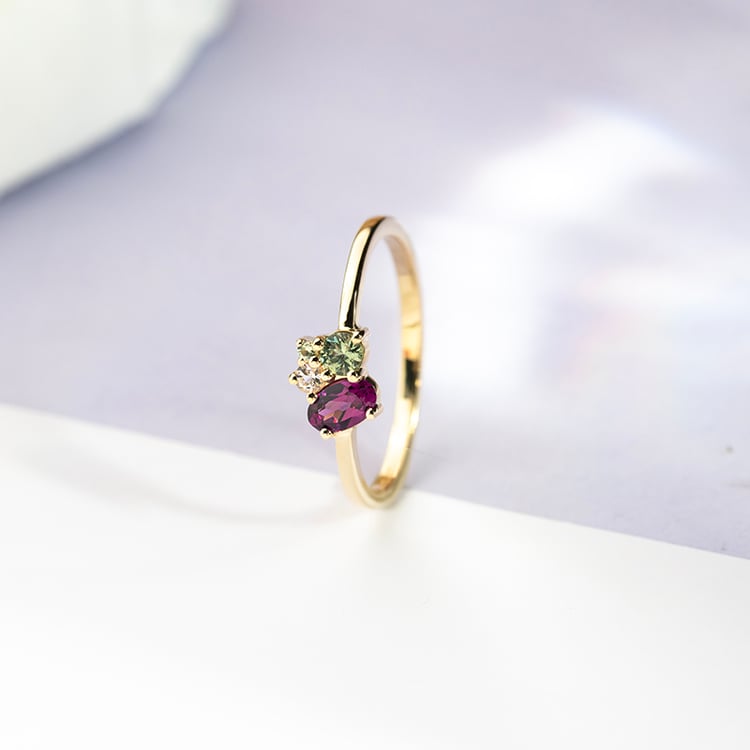 Cluster prsteň s rhodolit granátom, zafírom, morganitom a olivínom Merche 151761