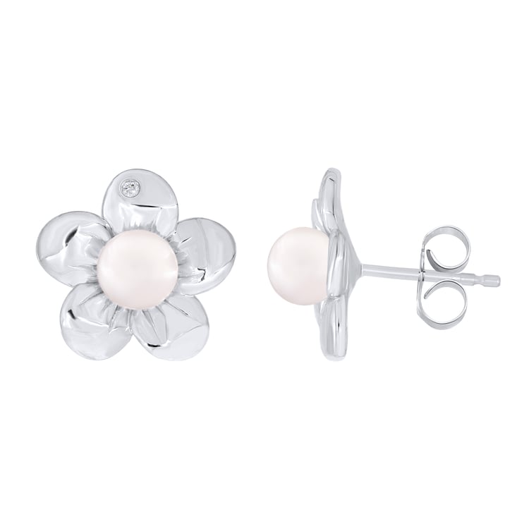 Jemné náušnice v tvare kvetu s bielou perlou a prírodným diamantom Abhishek
