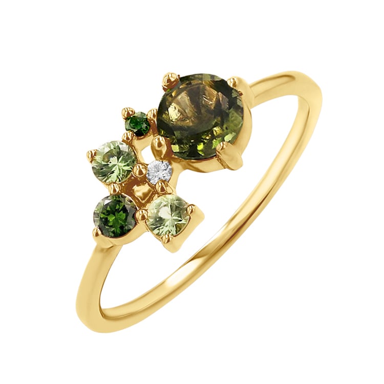 Cluster prsteň s vltavínom, zafírmi a diamantmi Irma 146872