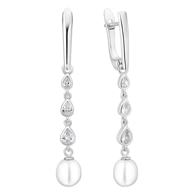 Strieborné jednoduché visiace náušnice s perlou a zirkóny Amanda