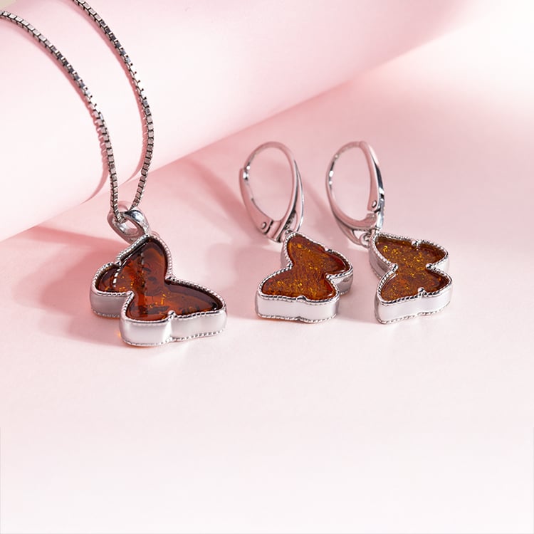 Strieborné jantárové náušnice v tvare motýlikov Blicas 150751