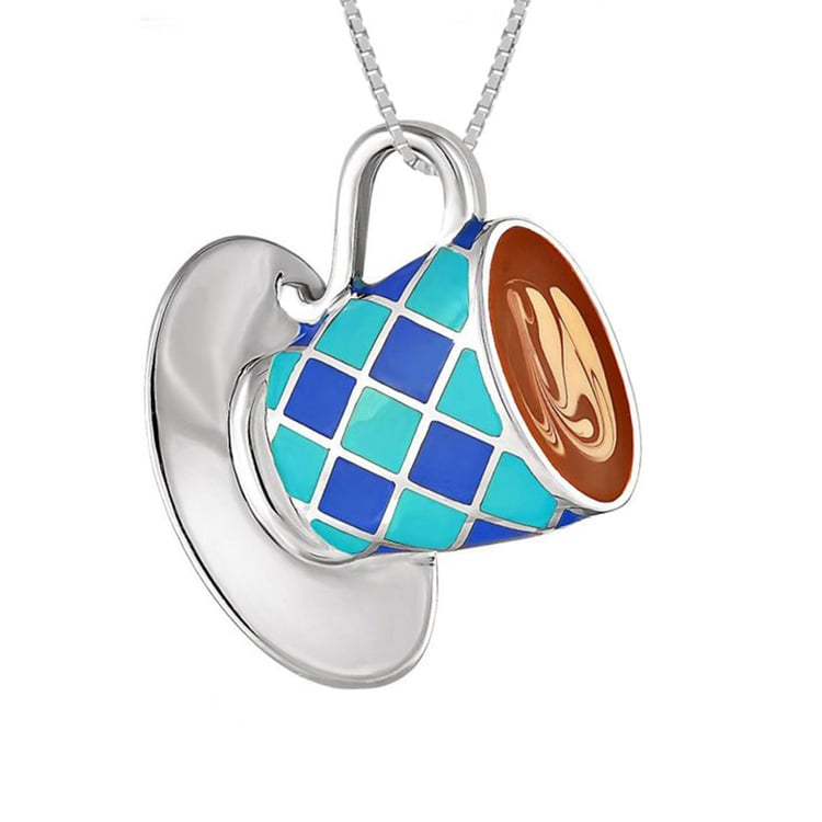 Strieborný náhrdelník so šálkou kávy a enamelom Cafe