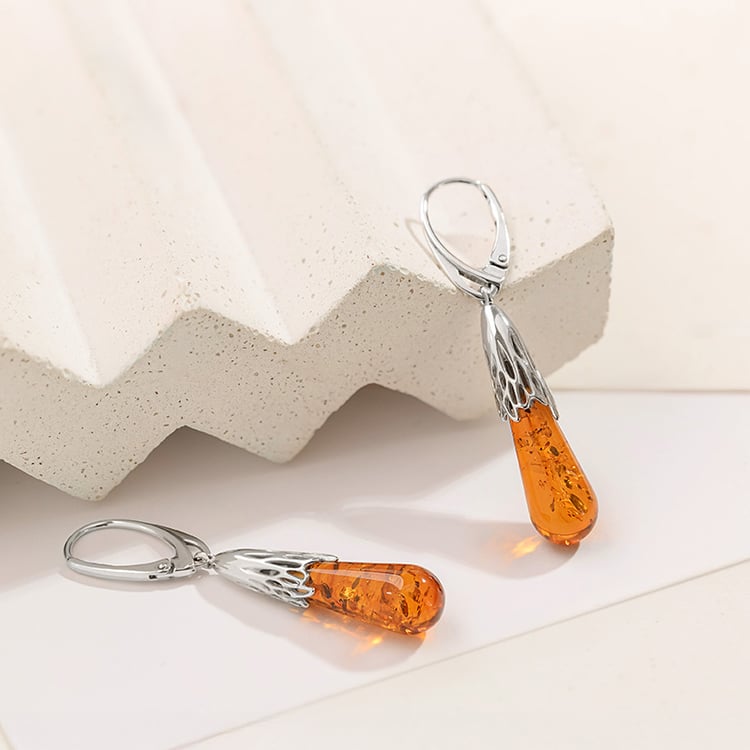 Strieborné jantárové náušnice v tvare slzičiek Rose 152684