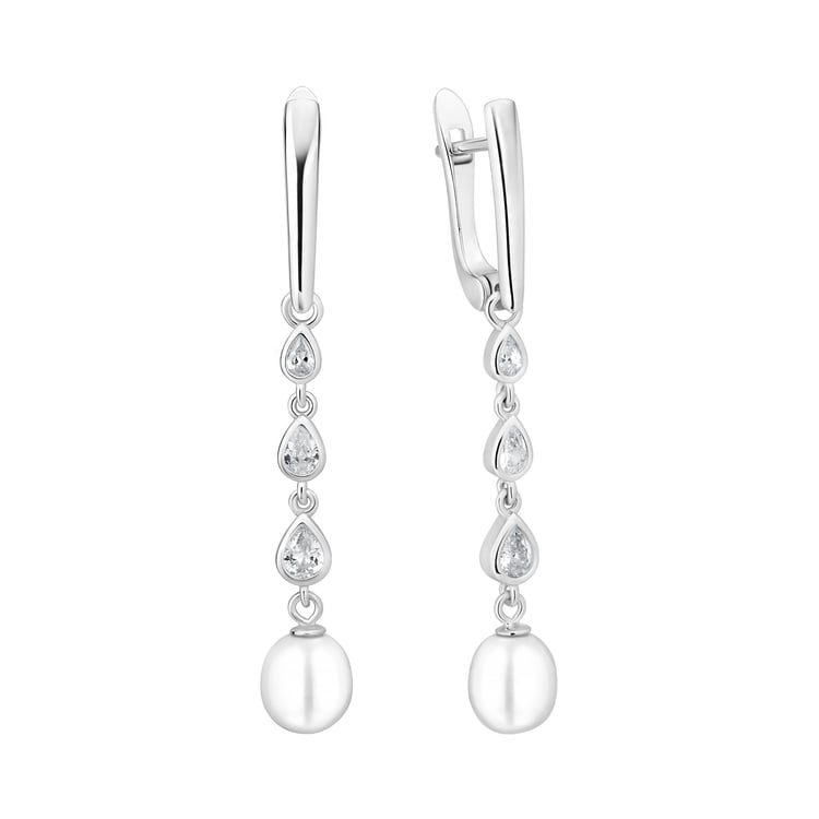 Strieborné jednoduché visiace náušnice s perlou a zirkóny Amanda