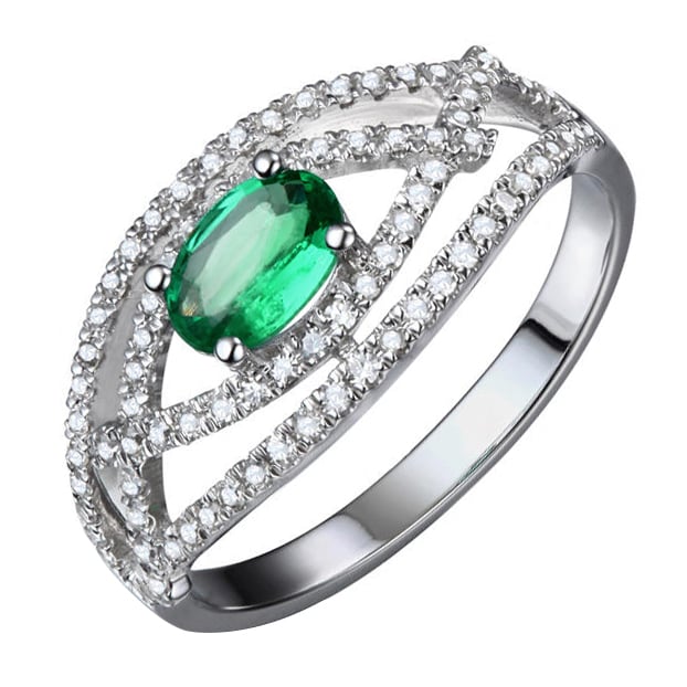 Prsteň z bieleho zlata so smaragdom a diamantmi Fay