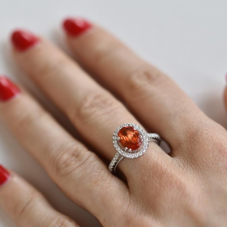 Strieborný prsteň s padparadscha zafírom a zirkónmi Rela 20041