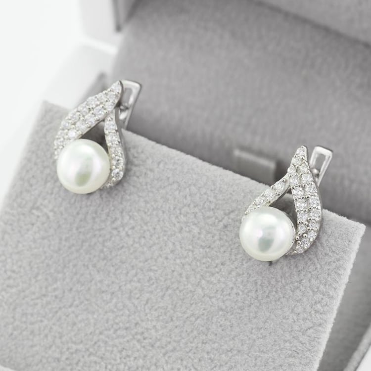 Strieborné perlové náušnice se zirkónmi 49214