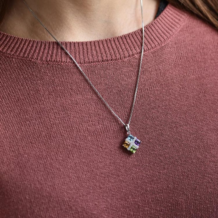 Ametyst, olivín, citrín a modrý topás v striebornom náhrdelníku 38171