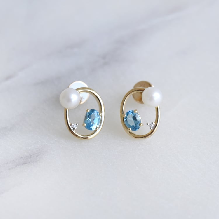 Zlaté náušnice s perlami, švajčiarskymi topásmi a diamanty 86797