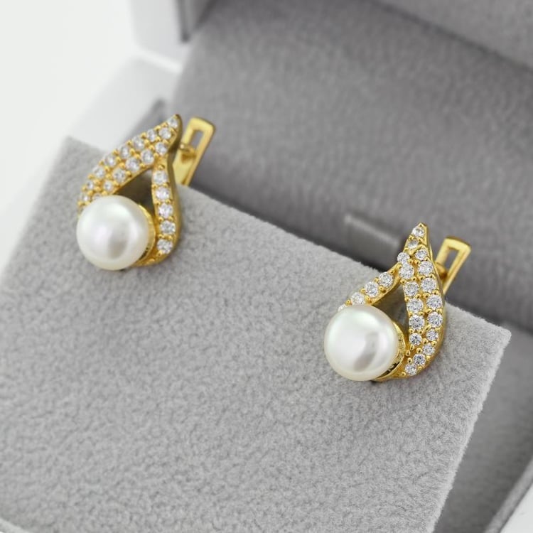 Pozlátené strieborné náušnice s perlami a zirkónmi 49216