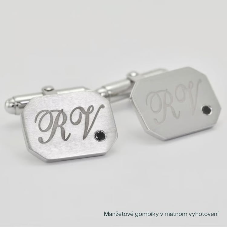 Strieborné manžetové gombíky s gravírom a čiernymi diamantmi Grus 165885