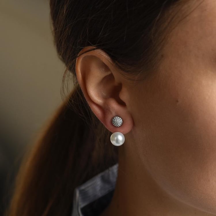 Strieborné perlové náušnice so zirkónmi 2v1 50444