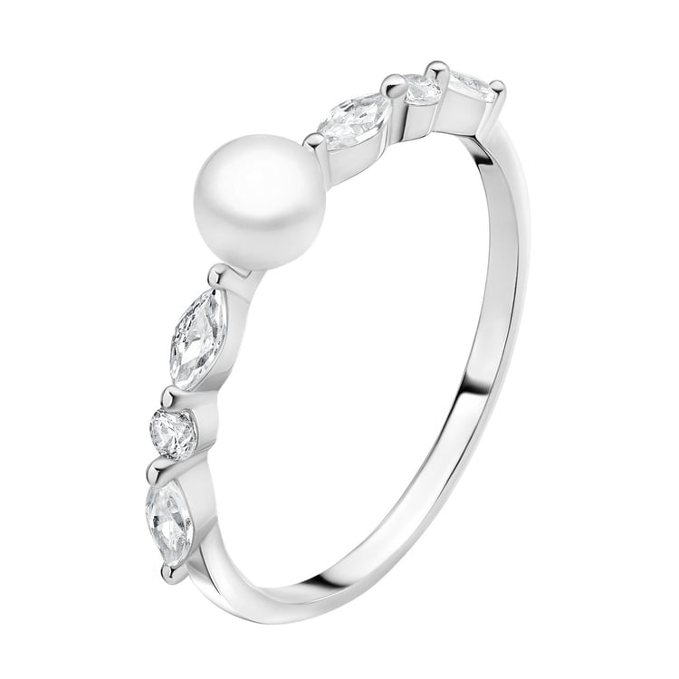 Strieborný prsteň s bielou perlou a zirkónmi Jaya