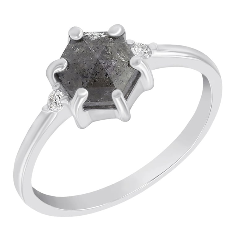 Zlatý prsteň so salt´n´pepper hexagon diamantom a postrannými diamantmi Bowie