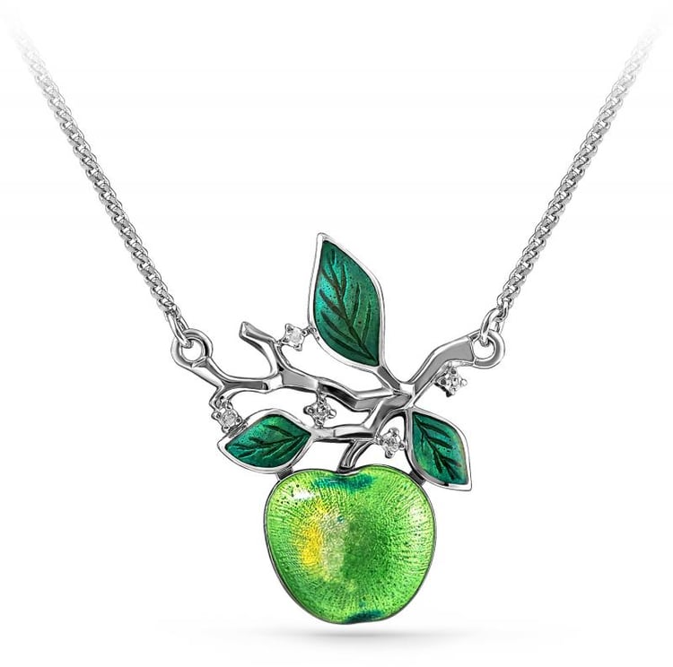 Strieborný diamantový náhrdelník s jablkom a enamelom