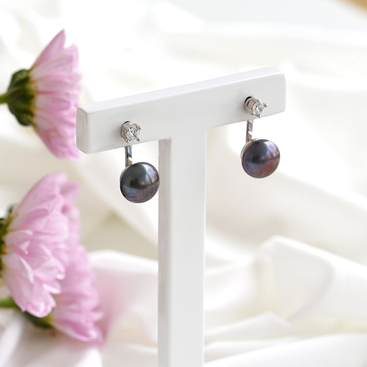 Náušnice 2v1 s čiernymi perlami a zirkóny 96807