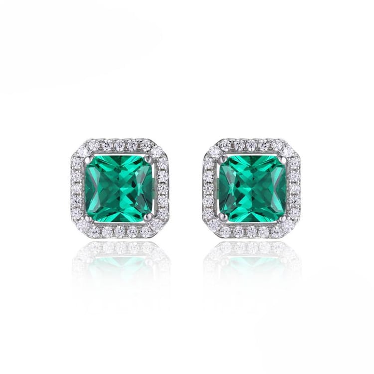 Strieborné náušnice s princess smaragdmi a zirkónmi Leanda