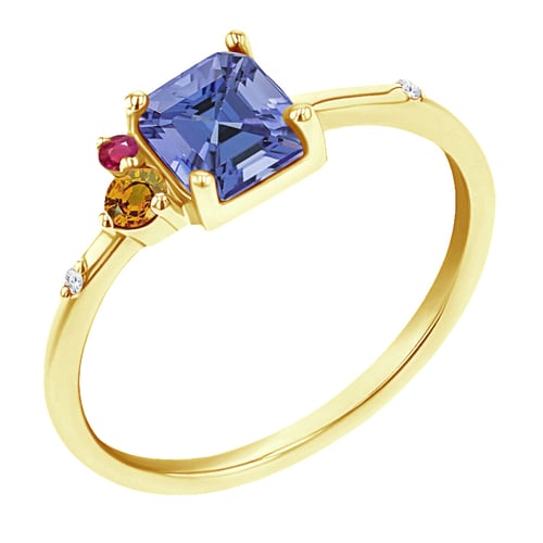 Cluster prsteň s asscher tanzanitom, padparadscha zafírom, rubínom a diamantom Esme