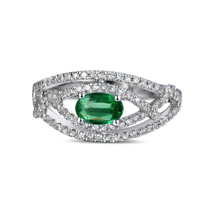 Prsteň z bieleho zlata so smaragdom a diamantmi 3628
