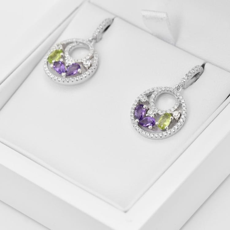 Strieborné náušnice s olivínmi a ametystmi Tamy 19799