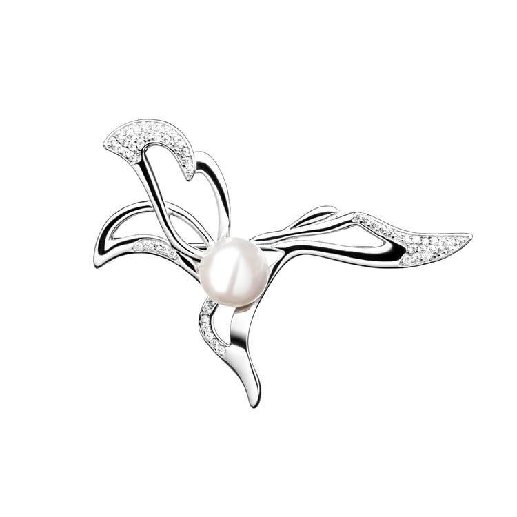 Strieborná brošňa s bielou perlou a zirkóny Carcy