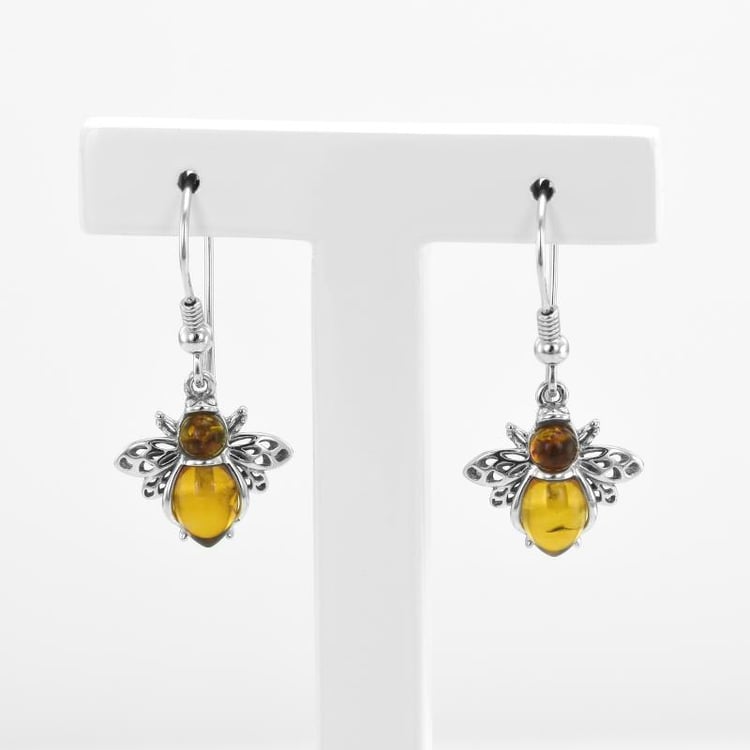 Visiace strieborné náušnice s jantárovými včelami Aila 52031