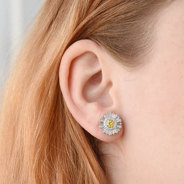 Náušnice v tvare kvetiny s diamantom a žltým zafírom 92769