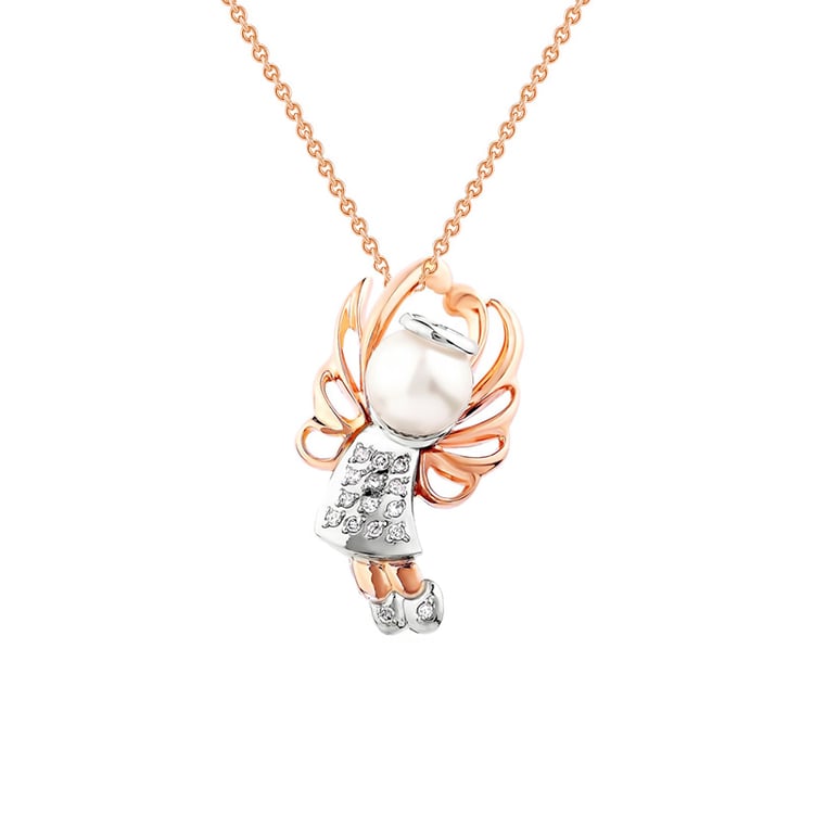 Zlatý anjel v náhrdelníku s perlou a diamantmi Angelo