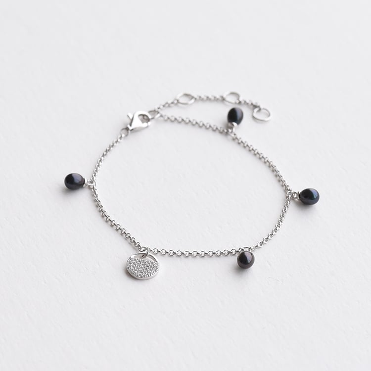 Strieborný náramok s čiernymi perlami a zirkónmi 74211