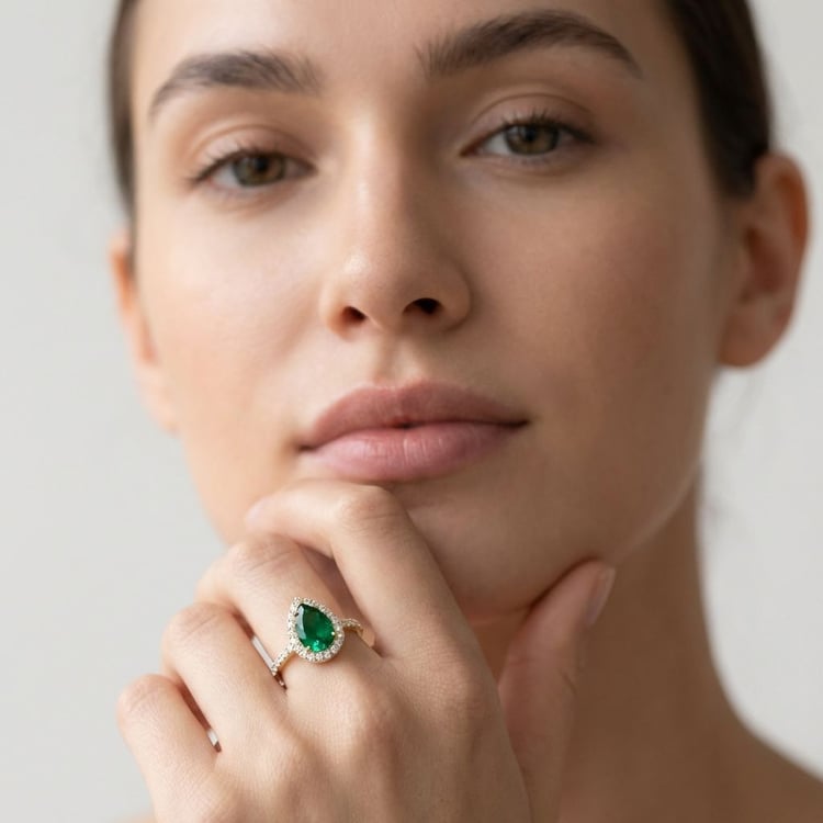 Rozvodový halo prsteň s pear lab-grown smaragdom a diamantmi Peter 165570