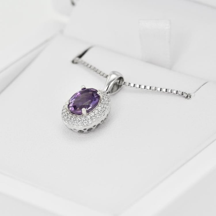 Strieborný náhrdelník s oválnym ametystom 20759