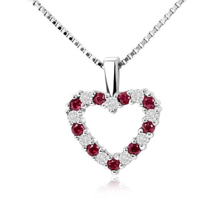Srdiečkový zlatý náhrdelník s rubínmi a diamantmi
