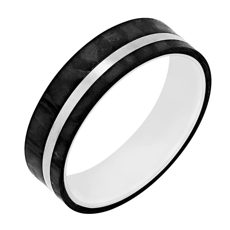 Plochý snubný prsteň z karbónu a striebra Shagei