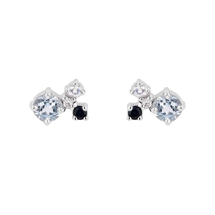 Strieborné cluster náušnice s akvamarínom, zafírom, mesačným kameňom a diamantom Kerrie