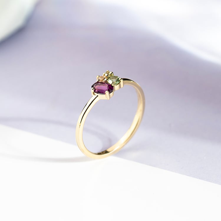 Cluster prsteň s rhodolit granátom, zafírom, morganitom a olivínom Merche 151760