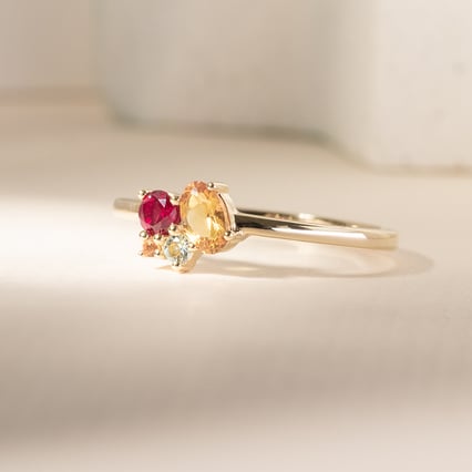 Cluster prsteň s citrínmi, rubínom a akvamarínom Merche