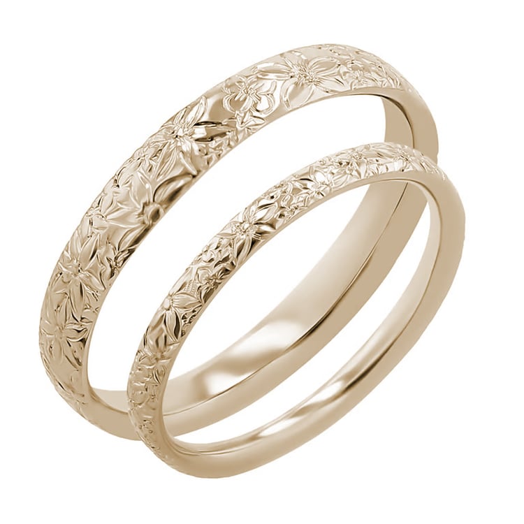 Svadobné obrúčky s ručnou rytinou kvetov z orieškového zlata Alanis