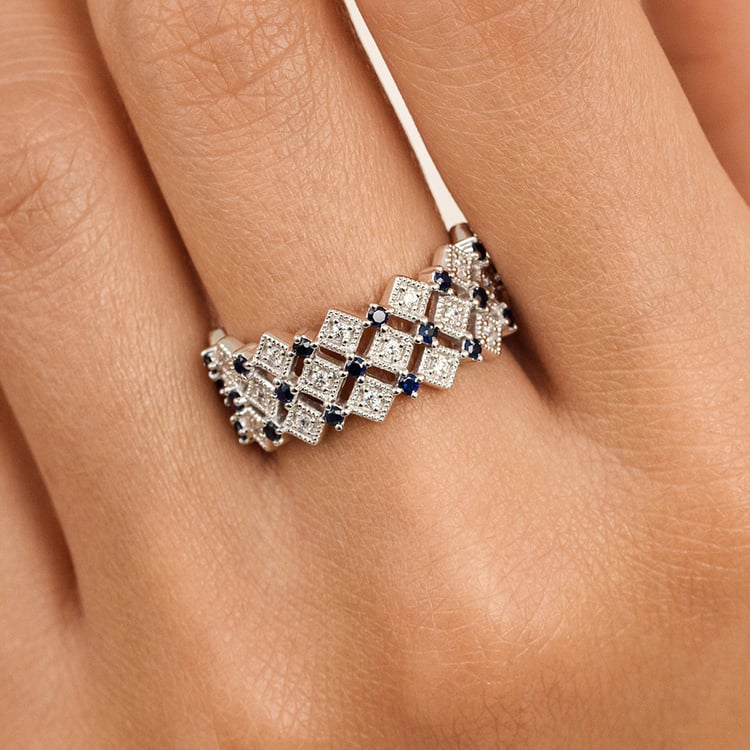 Moderný strieborný prsteň s diamantmi a zafírmi Arnt 162775