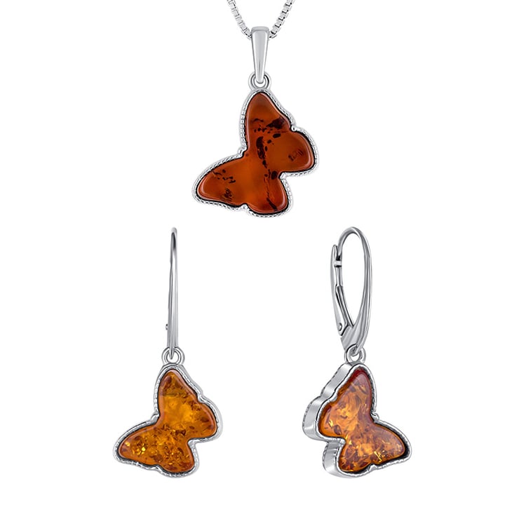 Strieborná kolekcia s jantármi v tvare motýlikov Peteli