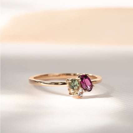 Cluster prsteň s rhodolit granátom, zafírom, morganitom a olivínom Merche