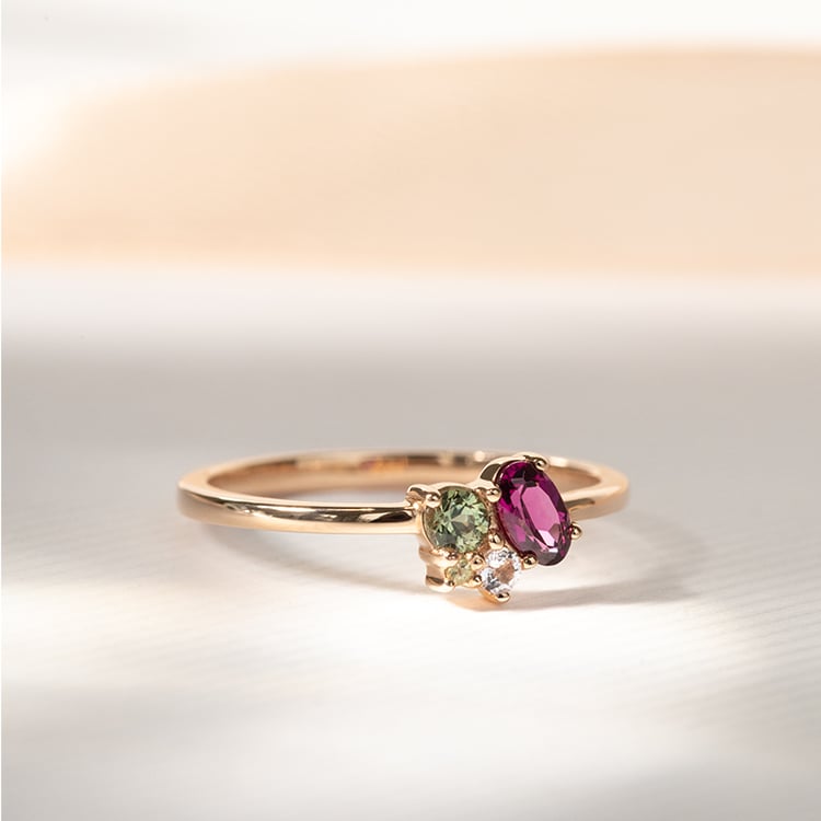 Cluster prsteň s rhodolit granátom, zafírom, morganitom a olivínom Merche 121633