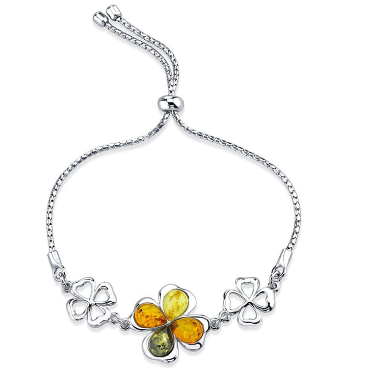 Strieborný jantárový náramok so štvorlístky Loren