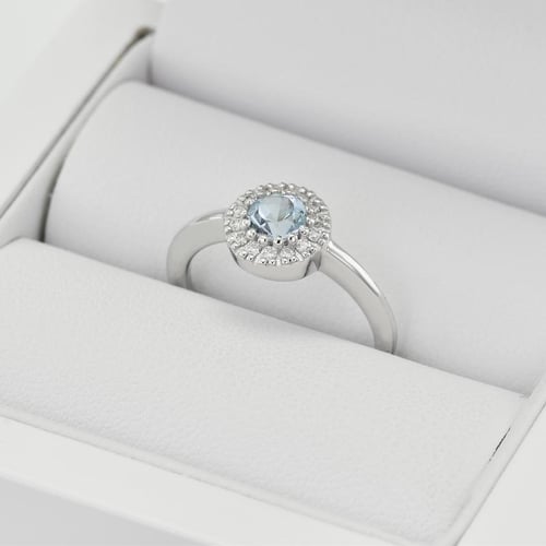 Zlatý zásnubný prsteň s akvamarínom a diamantmi Vale