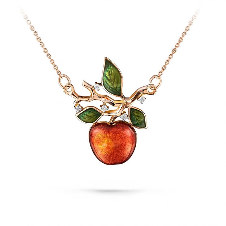 Zlatý diamantový náhrdelník s jablkom a enamelom