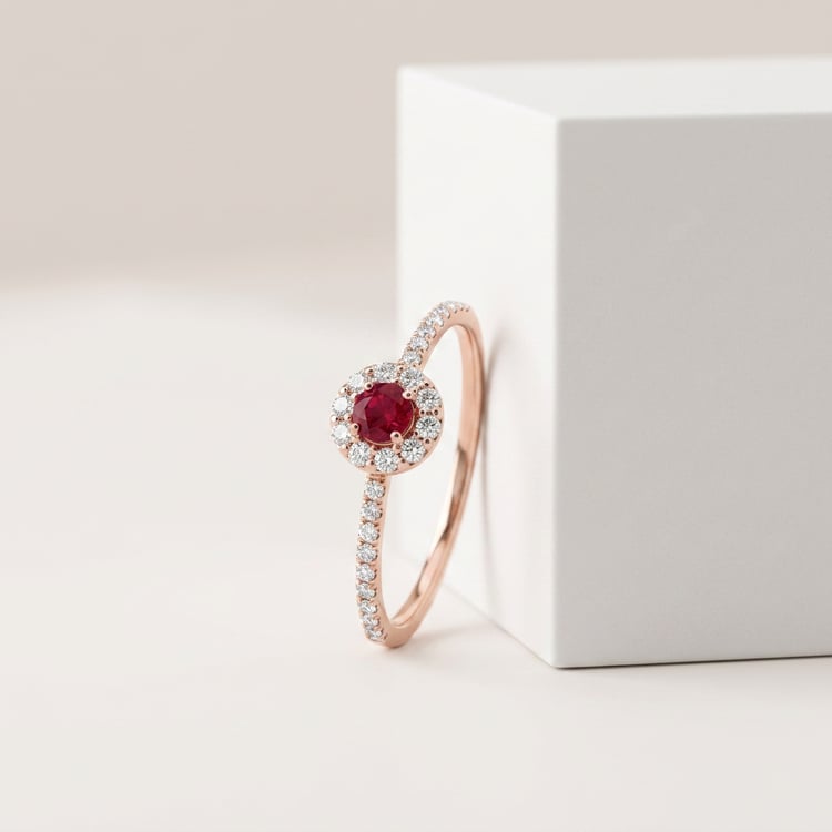 Stříbrný halo prsteň s rubínom a lab-grown diamantmi Wendy 171117