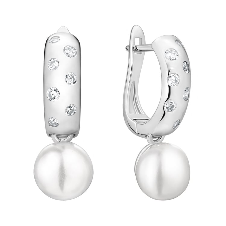 Strieborné minimalistické visiace náušnice s perlou a zirkóny Azad