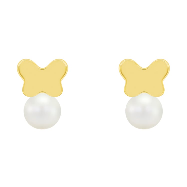 Zlaté detské náušnice s perlami v tvare motýlika