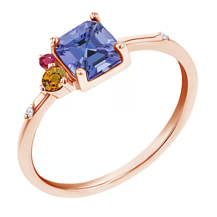 Cluster rozvodový prsteň s asscher tanzanitom, padparadscha zafírom, rubínom a diamantom Dennis 165516