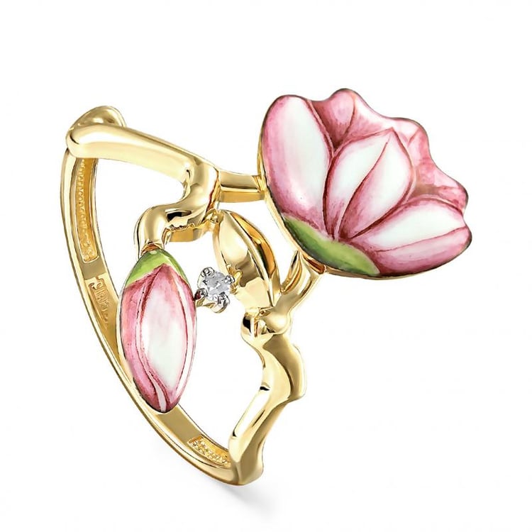 Zlatý kvetinový prsteň s enamelom a diamantom